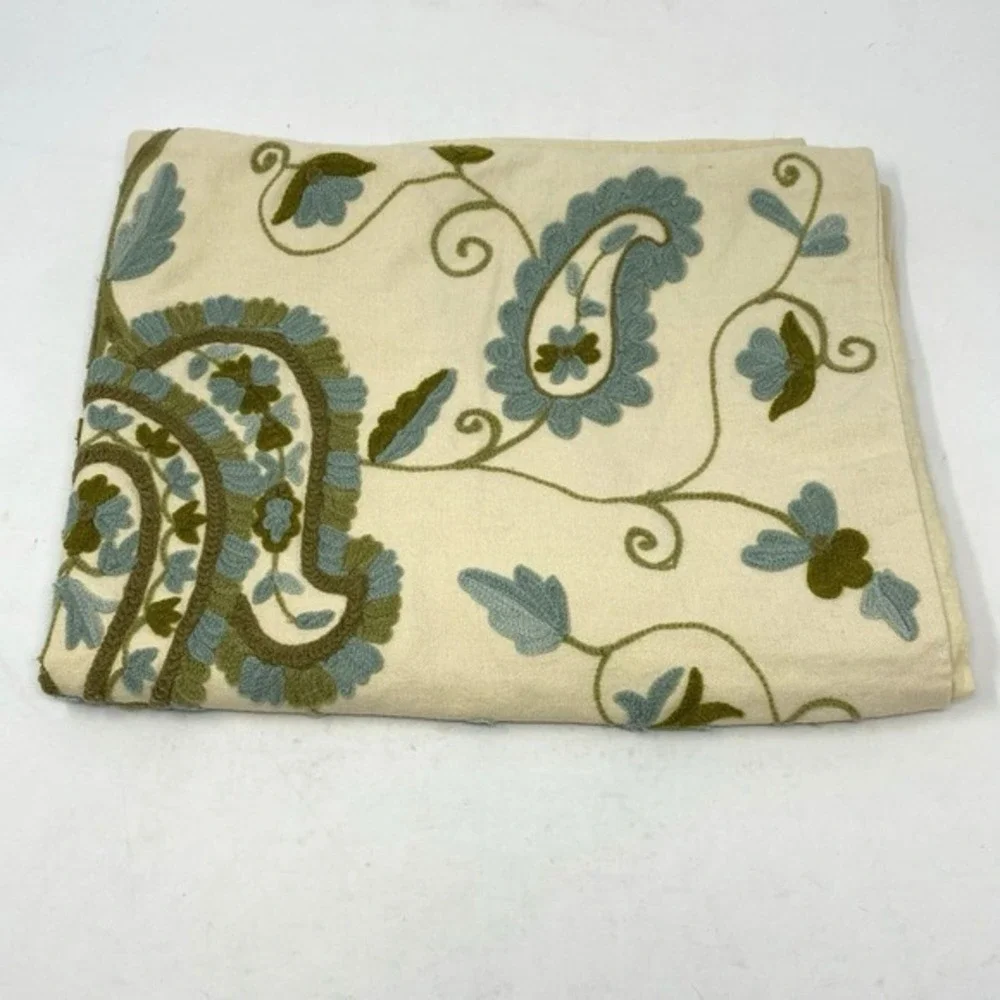 Pottery Barn‎ Pillow Sham 20x25 Blue Green Embroidered Paisley Organic Cotton
